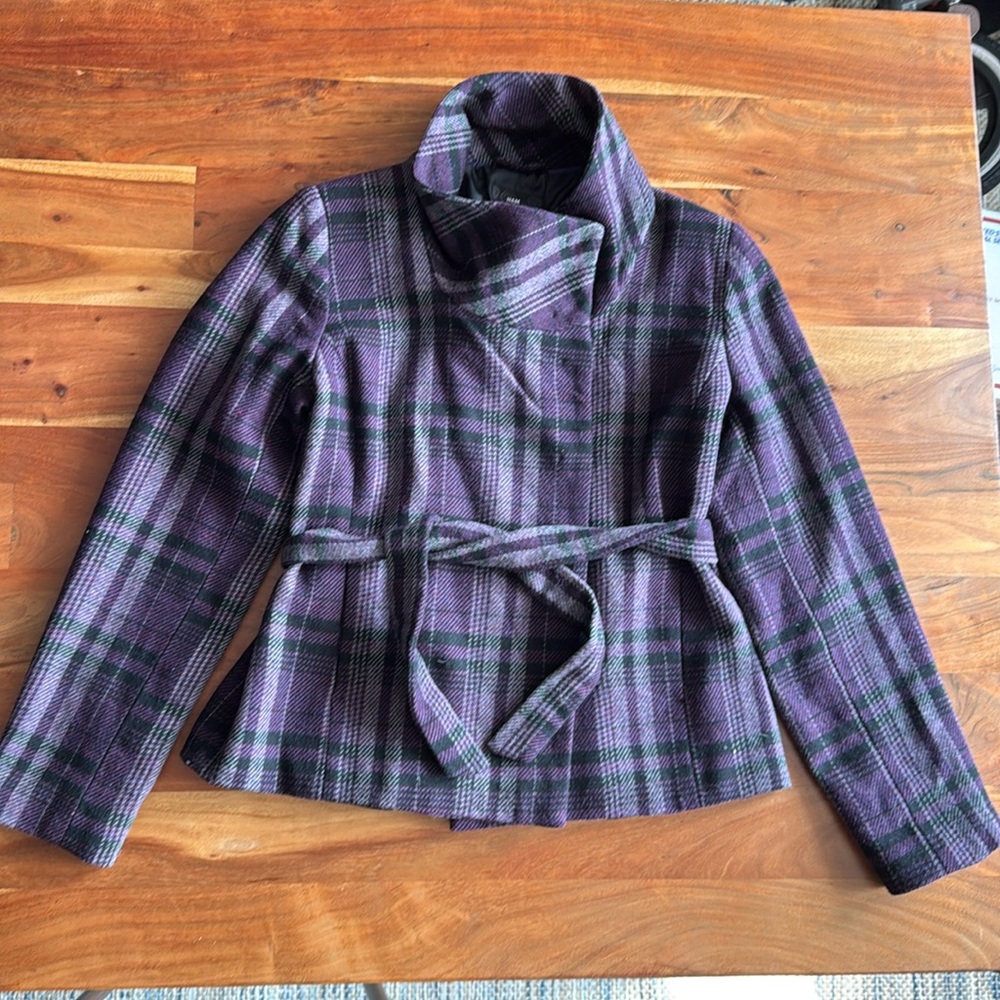H&M Cropped Purple‎ Wool Blend Plaid Belted Jacket